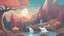 Placeholder: A picture showing a magical forest, waterfalls, animals, snowy mountains, and a beautiful sunset style cartoon