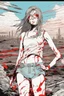 Placeholder: Dark outline line art anime style double exposure of a silhouette of a cyberpunk-inspired woman standing in front of a landscape shot of an active war zone with distant explosions, light black and red long hair, light blue eyes, short red and white tank top, hands on hips, (looking intently at viewer), (viewer from low ground level view with focus on eyes), (double exposure), (inspired by Cyberpunk mixed with Code Geass mixed with Fate: Grand Order), (giant red moon in background), (vibrant colo