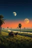 Placeholder: A field of date palms trees by the river and a big moon on the horizon a ufo spacecraft hovering a chariot pulled by horses