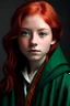 Placeholder: A girl with red hair and green eyes and she is wearing a Hogwarts robe