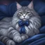 Placeholder: A Main Coon cat gray and white on a midnight blue velvet pillow and wearing a berry bow around her neck. Illustrative art, art interpretation, concept art, cgsociety contest winner, seasonal art, seasonal art HD, 4k, 8k, intricate, detailed, intricately detailed, luminous, translucent fantasy crystal, holographic data, soft body, shadow play, light, fog, atmospheric, cinematic, light film, hyper-detailed, hyper-realistic, masterpiece, atmospheric, high resolution, 8k, HDR, 500px, mysterious and