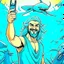 Placeholder: the sea god Poseidon, taking selfie with sharks, smiling, realistic, detailed,