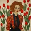 Placeholder: A portrait of a pretty young soviet union woman with tulips painted by Egon Schiele