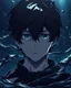 Placeholder: A young man under water with dark world all thing around him Black like anime
