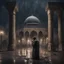 Placeholder: Hyper Realistic Man praying outside Dark Abandoned Al-Aqsa Mosque in a dark heavy rainy night