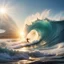 Placeholder: ultra-realistc wave crashing out of the colliery ocean with a surfer, power of nature, early morning sun glare prismatic effect,