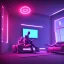 Placeholder: concept of futuristic living room, cyborg is sitting on sofa and watches tv, cinema 4d, blender, complex, beautyfull, 8k, neon lights,