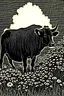 Placeholder: una vaca negra en un jardín lleno de flores en xilografía de duotono