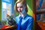 Placeholder: kitten girl secret agent joker in an office in sunshine, very detailed, oil painting