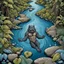 Placeholder: bird's eye view looking down from afar an anthropomorphic strong gray hairy body wolfman swims on his back in the blue winding river and looking the sky, smile, dark brown sandy shore along the river, smaller brown and gray stones, green-blue foreign plants with raindrops on their broad big leaves, in background towering dark brown trees with massive trunks. high contrast, high detalied, high realistic, The atmosphere is a seamless blend of sci-fi and dark fantasy mood, professional photo