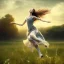 Placeholder: A girl named BilliJo with elegant face flying over a Scottish field, happy, elegant, dream, morning light, dewy, forced perspective