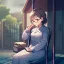 Placeholder: anime girl sitting on a porch swing of an old house, journaling, wearing pajamas, writing in a book, shes watching it rain, more detail on hands and her face,shes deep in her thoughts, wearing glasses, rain drops, she has a pencil and is writning in thbe book