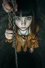 Placeholder: Closeup tall Girl goth with big eyes, fullbody, holding long chains, ragged and old clothes, the perspective looking up from the bottom of an empty well ,8k,macro photography,