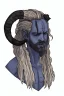 Placeholder: A tieffelin with blue skin and white Dreadlock hair. His pupil-less eyes are green. He wears a small beard. His horns are black and curved backwards. He wears a beige tunic.