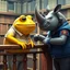 Placeholder: close up 3d anime illustration from a yellow color big and fat anthropomorphic frog in simple human clothes talking with a gray strong anthropomorphic rhinoceros without horns in blue modern security guard clothes, they talking and elbowing on an old wooden railing next to each other, in background a bibliothek with tall book shelves, detailed sci-fi, fantasy mood