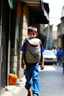 Placeholder: A Palestinian child carries on his shoulders a large bag with windows and doors