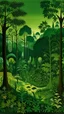 Placeholder: A green forest filled with fairies designed in Javanese shadow puppets painted by Henri Rousseau