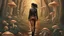 Placeholder: woman with black hair in a ponytail, in light brown leather trousers and jacket, walking through a forest of Alien mushrooms with jellyfish tentacles, photorealistic, Deep Colour, Intricate Detail