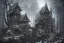 Placeholder:  Wednesday Adams, black and white, tall narrow scary house , pointy roof, cursed trees , dense dark forest, forest background, spiders, bats, bones, Escher style