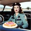 Placeholder: [psychedelic movie by Russ Meyer] Kat Dennings as a policewoman in a car with donuts, vintage 1970's photo