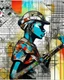 Placeholder: an extreme abstract acrylic and ink and battered paper photo collage poster of a heavily stylized factory worker holding a hammer, an unexpected arafed improbability with a checkered juxtaposition, liminal space, tribal patterns, memories of negative space, amazing reflections, amazing curves, amazing transparency, split vibe, double exposure influence, heavy zigzag vibe, side view, afrofuturism