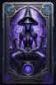 Placeholder: sacred geometry framed playing card, black, blue and purple drum set spider priestess cyber in witch hat shadows boss card in the style of Giger and fallout 4 ,bokeh like f/0.8, tilt-shift lens 8k, high detail, smooth render, down-light, unreal engine