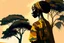 Placeholder: Design, African woman, oil painting, featureless, graphic, drawing without facial features, background, sky, trees, traditional clothes