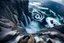 Placeholder: massive intimidating rock cliffs ascend all around and further up out of view. far below, the stormy ocean swirls intimidatingly. The ocean water falls off a waterfall down into a circular pit