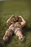 Placeholder: close up, aerial top view shot photography of an ugly 41 year old beefy big robust burly italian carpenter , relaxing in the meadow, , hands behind the head , wearing bulging shorts, shirtless, hairy chest, manly chest, manly legs, serious, very virile, short beard, shaved hair,, , in a sunny day, photorealistic , photorealistic