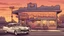 Placeholder: Cartoon old cadillac donut store sunset