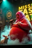 Placeholder: a very fat swedish girl, with pink balaclava with called "Fröken Fläsk" performing at dance club, her name is "Fröken Fläsk" piglets On stage, yellow Neon lights and smog, and "FRÖKEN FLÄSK" big sign on the wall, she singing with mic, text in swedish! no translate mr. stable ai