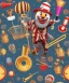 Placeholder: happy and funny old friendly clown with round head and trimmed beard playing jazz with a steampunk theme, trumpet on mouth, paintbrush and aisle, carnival, dreamy