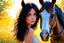 Placeholder: black light art, dramatic oil painting, flowerstorm, shading pastel and charcoal, cute chibi mohair brunette golden eyed happy woman with a horse in sunshine