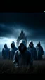 Placeholder: A group of scary large hooded evils figures with glowing white eyes looking at you . A big castle in the background in a blue and gray ,cloud of stormy weather , ultra hi quality picture with cinematic science, tragedy, A big field of grass near front view