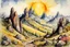 Placeholder: Sunny day, mountains, sci-fi, fantasy, rocky land, spring, albert durer watercolor paintings