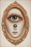 Placeholder: Set in rose-gold, mesmerizing—and bizarre is a Lovers Eye, Part-portrait, part-jewel, the miniature portraiture of a single eye of a beloved, painted with watercolor on ivory,18th century style, the beloved's eye floats uncannily against a monochromatic background. No other facial features anchored it, except an eyebrow. All focus on the composition’s core of a dark iris gazes ardently from behind a soft, love-drunk lid. Lovers eye portraiture, romantic, realism, Victorian, surrounded by blue ve