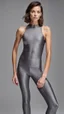 Placeholder: photography of a beautiful anorexic woman, grey satin triathlon top, sports illustrated, brunette short wavy bob haircut, pronounced sternum, flat chest, anthracite short leggins