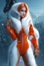 Placeholder: Beautiful futuristic girl, wearing orange glowing armor, heavy orange make-up, snow mountain background, snow, fur cloak