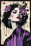 Placeholder: Deconstructed Collage Symphony of surreal ghotic female patrician figure with fragmented harmonious composition. Feature a diverse palette BLACK AND Violet to create a sense of visual richness and texture,glitter sparkling drip effect againts newpaper clippings