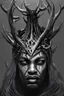 Placeholder: a striking portrait of an eldritch black god king with black antlers and a burning horned crown on his head by moebius and hr giger and beksinski, trending on artstation, digital art, 4 k resolution, detailed, high quality, sharp focus, hq artwork, insane detail, volumetric lighting, character concept art, fine details, clear face