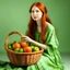 Placeholder: A beautiful young woman with orange hair sitting in a light green dress with a basket full of mangoes. All on a light background that can be easily removed.