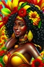 Placeholder: Create a digital airbrush cartoon of a curvy African American female wearing Brazilian carnaval outfit outfit that's Black, yellow, and red Prominent make up with hazel eyes. Highly detailed very long extremely curly black hair. Her skin is smooth and silky. Background eof a judge full of colorful flowers