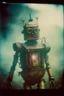 Placeholder: steampunk, vintage analog polaroid of a woman robot, female body, fog, lomography, heavy film grain, night, color bleed, depth of field, bokeh, retro