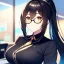 Placeholder: girl, masterpiece, best quality, volumetric lighting, detailed outfit, perfect eyes, black hair, golden eyes, long hair, ponytail, black glasses, at office,