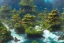 Placeholder: high quality matte painting of a stormy ocean and little lush organic islands, ecosystem, highly reflective water, japanese bunka period architecture, book of later han, randomly placed tiny buildings, intricate, detailed, waves, spume, small minutiae, spindrift, tiny features, ripples, particulars, sharp lines, digital art, sharp focus, volumetric clouds, perspective ground level camera view, 8k, realistic shaded volumetric lighting, ambient occlusion, sunlight caustics, uhd, art by sam curry