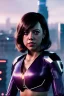 Placeholder: Young Aubrey Plaza, Futuristic cyborg, portrait from waist up, vibrant hair color, vibrant eye color, intricate eyeliner, vibrant eyeshadow, clear completion, soft lighting, 4k resolution, intricate details, insanely detailed, colorful cityscape background, masterpiece, expert, cinematic smooth, retroanime style, realistic details, no helmet