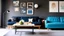 Placeholder: Blue sofa and armchair against black paneling wall. Art deco home interior design of modern living room.