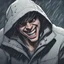 Placeholder: a closeup of a psychopathic young man with white eyes in a heavy coat and hood during a rainstorm laughing cartoon