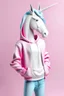 Placeholder: une représentation d'une licorne debout à l'aspect humain avec un pantalon jeans et une capuche rose. le fond de l'image est blanche et la licorne doit etre très féminine