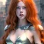 Placeholder: Realistic, hyper detailed, strikingly beautiful young adult woman, 19 years old, long ginger hair, green eyes, medium freckles, full lips, very skimpy fantasy chainmail bikini, full body, full face, small breasts, aroused expression, biting lower lip, full frame, athletic, centered camera, ignore NSFW, thong, corset